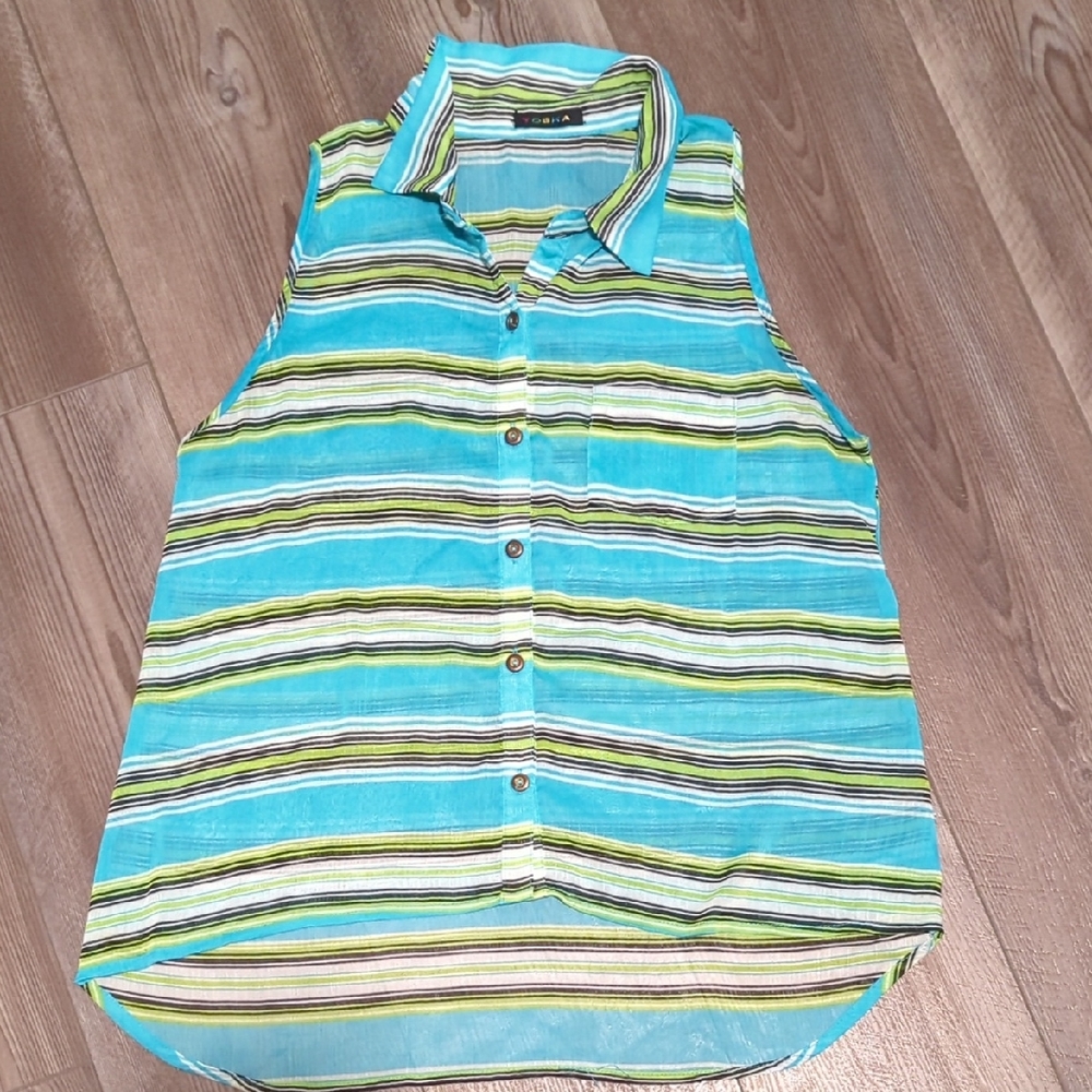 Toska Blue and Green Striped Sleeveless Blouse